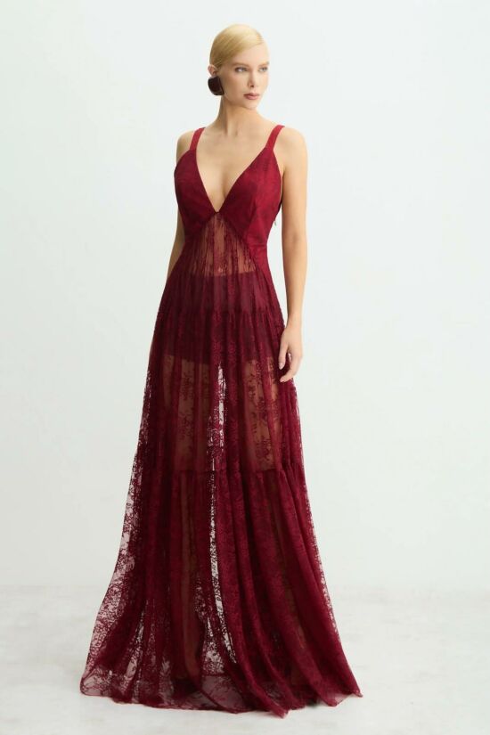 Imagem de Vestido Longo Alças Largas Com Decote V Em Renda Vinho Zen